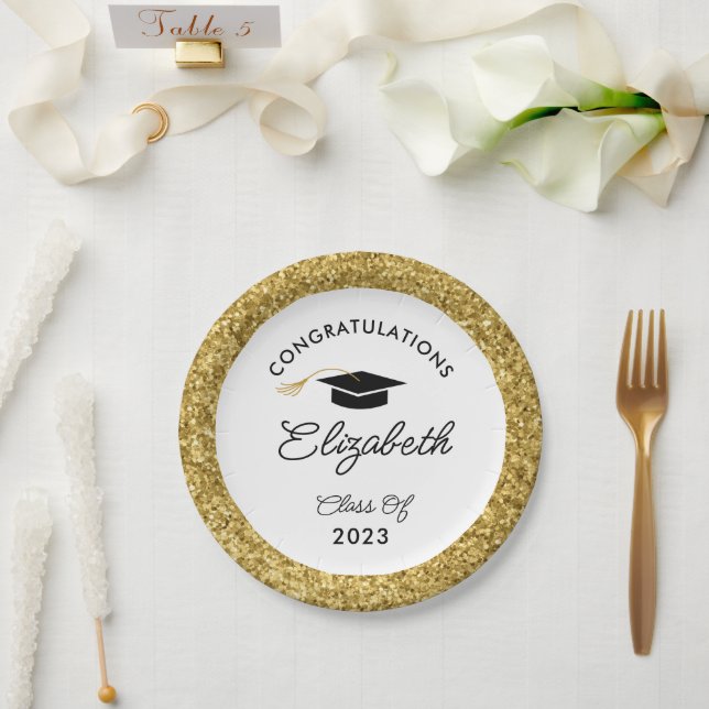 Black and Gold Glitter Custom Graduation Party Paper Plate (Wedding)