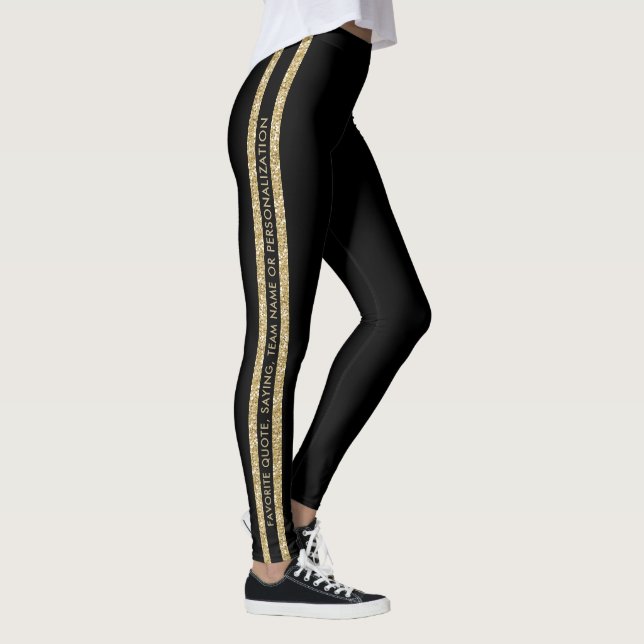 Black and Gold Glitter Custom Text Athletic Stripe Leggings (Right)