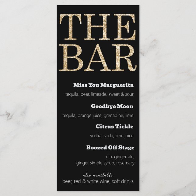 Black and Gold Glitter Drinks Menu for The Bar (Front)