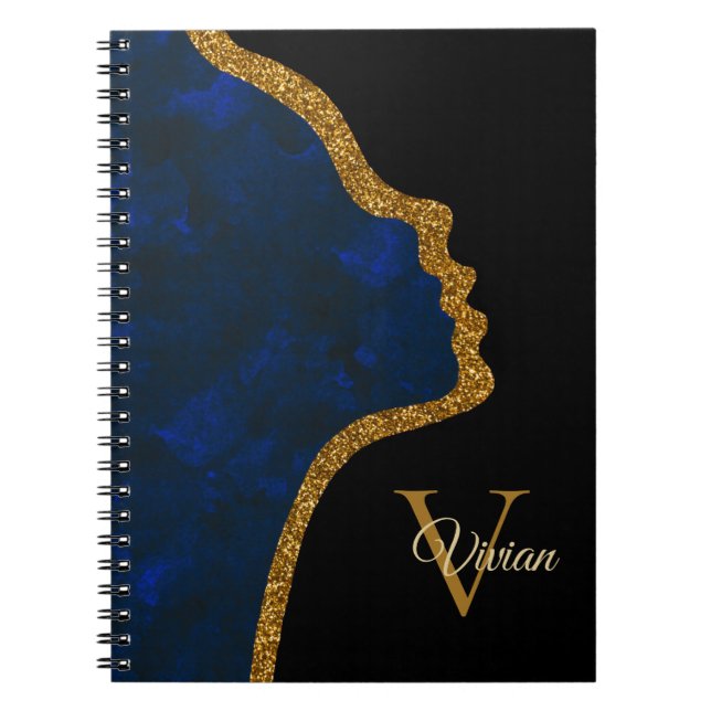Black And Gold Glitter Face Monogram Name Notebook (Front)