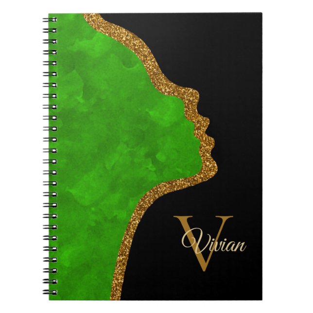 Black And Gold Glitter Face Monogram Name Notebook (Front)