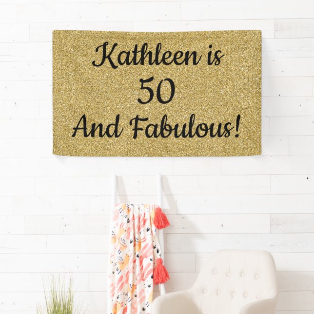 Black and Gold Glitter Fifty and Fabulous Birthday Banner (Insitu)