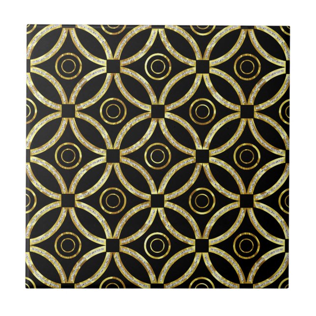 Black And Gold Glitter Geometric Pattern Tile (Front)