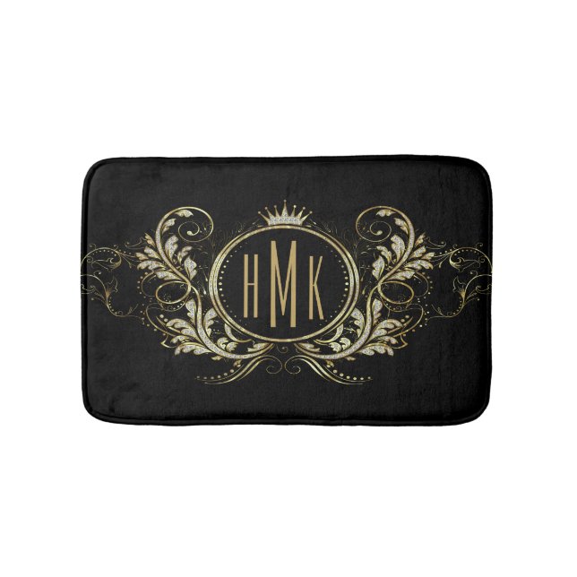 Black And Gold Glitter Girly Floral Frame Bath Mat (Front)