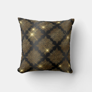 Black and Gold Glitter Glam Filigree Pattern Cushion
