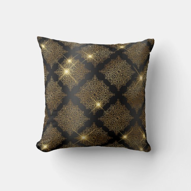 Black and Gold Glitter Glam Filigree Pattern Cushion (Front)