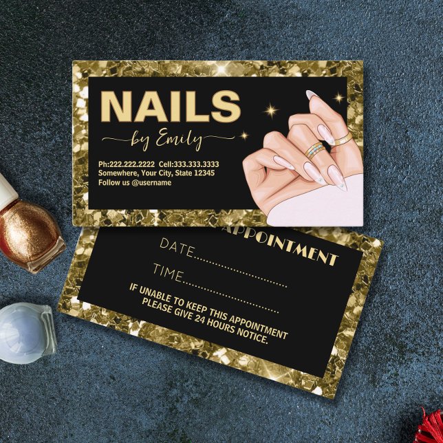 Black and gold Glitter Hand nail salon Manicurist  Appointment Card (Creator Uploaded)