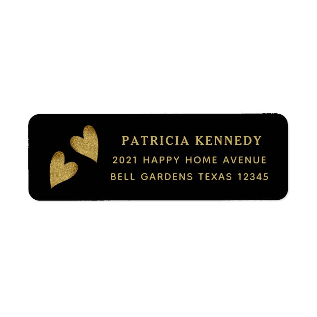 Black And Gold Glitter Heart Return Address Label (Front)