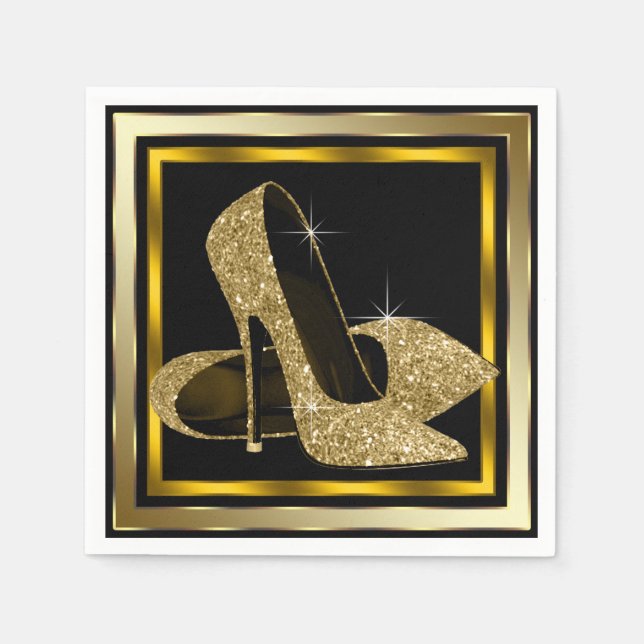 Black and Gold Glitter High Heel Napkin (Front)