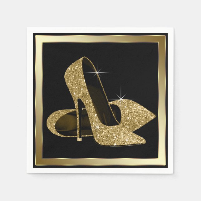 Black and Gold Glitter High Heel Napkin (Front)