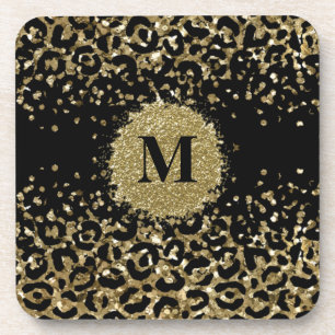 Black and gold glitter leopard print initial coaster