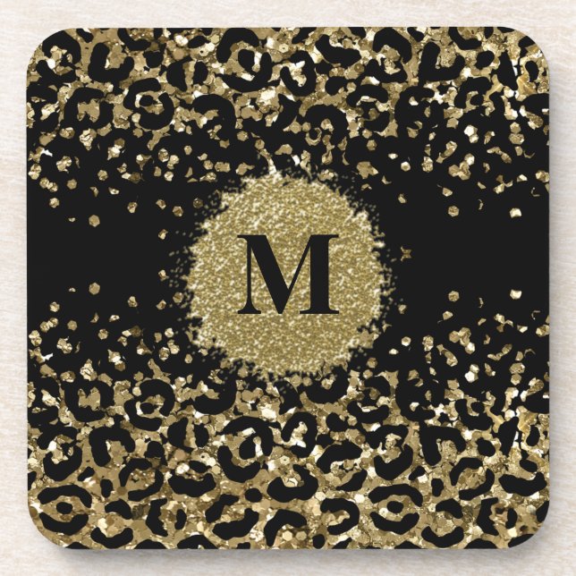 Black and gold glitter leopard print initial coaster (Front)