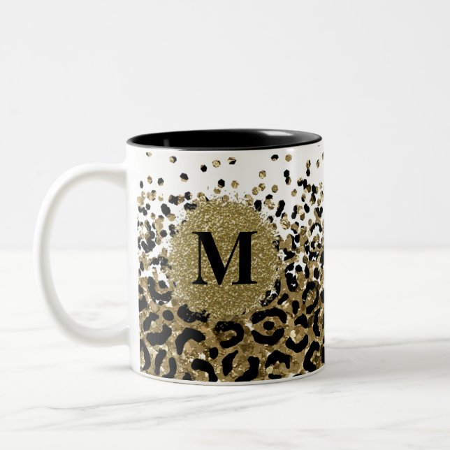 Black and gold glitter leopard print initial Two-Tone coffee mug (Left)