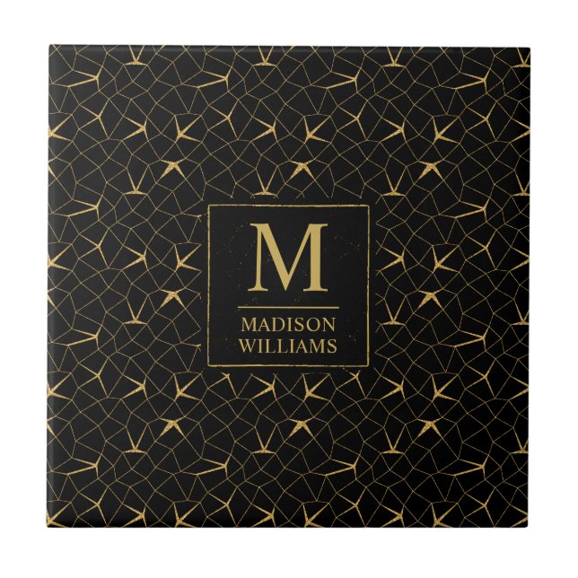 Black and Gold Glitter Luxury Geometric Pattern Ceramic Tile (Front)