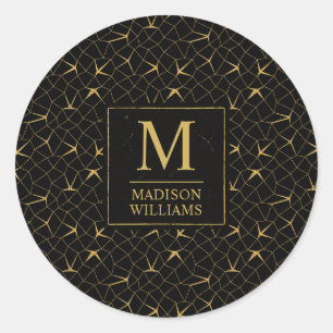 Black and Gold Glitter Luxury Geometric Pattern Classic Round Sticker