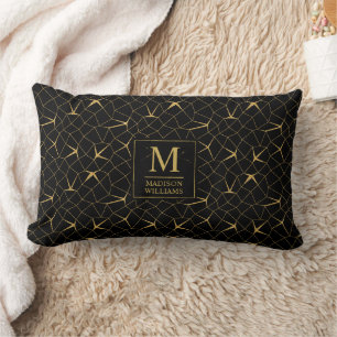 Black and Gold Glitter Luxury Geometric Pattern Lumbar Cushion