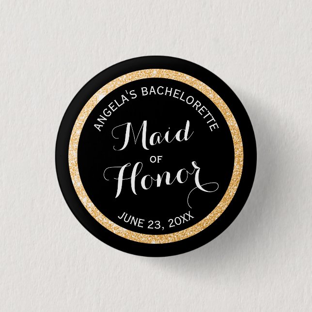 Black and Gold Glitter Maid of Honour Bachelorette 3 Cm Round Badge (Front)