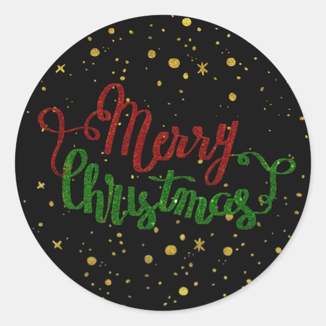 Black And Gold Glitter Merry Christmas Classic Round Sticker (Front)