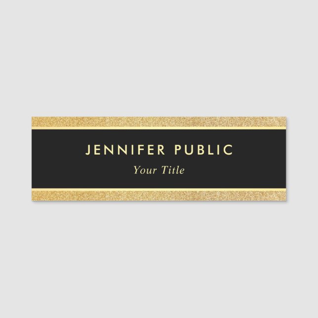 Black And Gold Glitter Modern Elegant Personalised Name Tag (Front)
