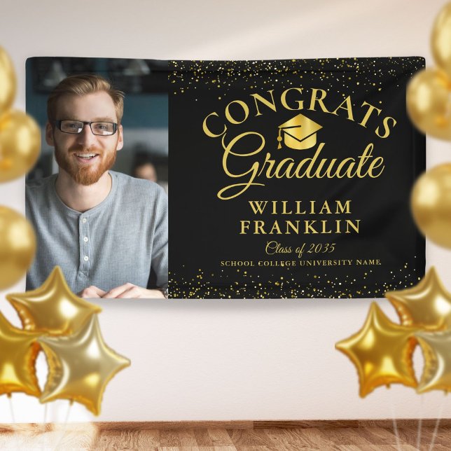 Black And Gold Glitter Modern Photo Graduation Banner (Creator Uploaded)