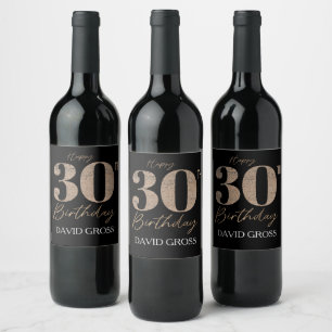 Black and Gold Glitter Numeral 30th Birthday Wine Label