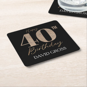 Black and Gold Glitter Numeral 40th Birthday Square Paper Coaster