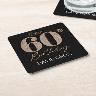 Black and Gold Glitter Numeral 60th Birthday  Square Paper Coaster