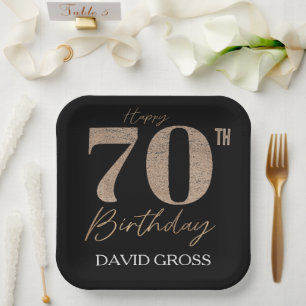 Black and Gold Glitter Numeral 70th Birthday  Paper Plate
