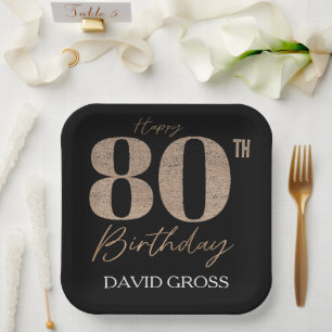Black and Gold Glitter Numeral 80th Birthday Paper Plate
