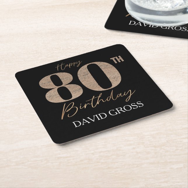 Black and Gold Glitter Numeral 80th Birthday  Square Paper Coaster (Angled)