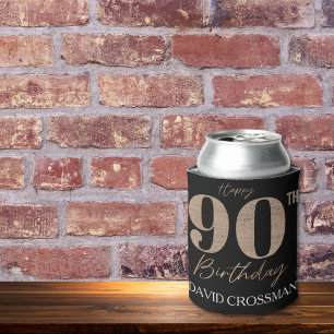 Black and Gold Glitter Numeral 90th Birthday Can Cooler