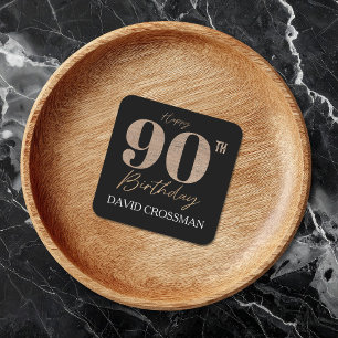 Black and Gold Glitter Numeral 90th Birthday Square Paper Coaster