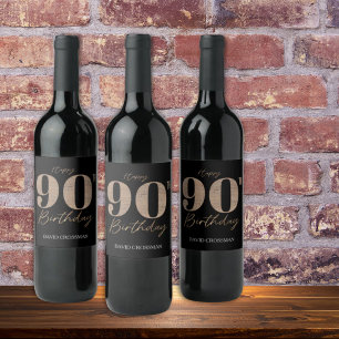 Black and Gold Glitter Numeral 90th Birthday  Wine Label