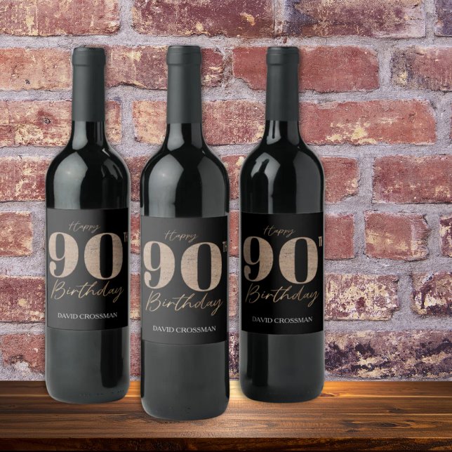 Black and Gold Glitter Numeral 90th Birthday  Wine Label (Creator Uploaded)