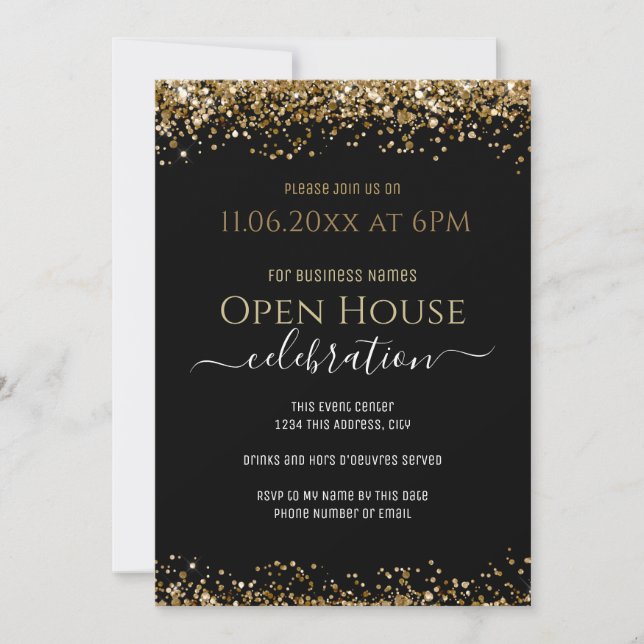 Black and Gold Glitter Open House Business Invitation (Front)