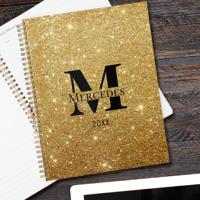 Black and Gold Glitter Personalised Monogram Daily Planner (Creator Uploaded)