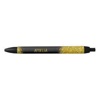 Black And Gold Glitter Personalised Name Ink Pen