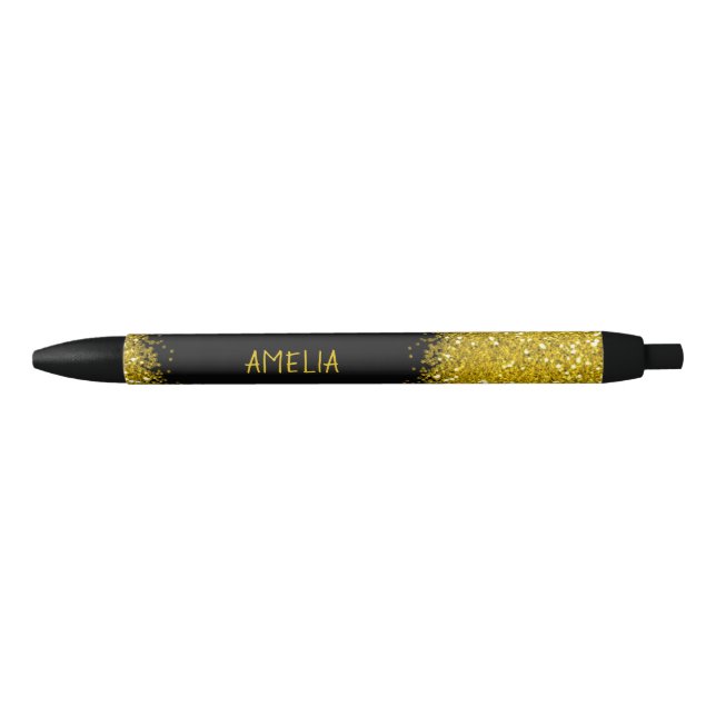 Black And Gold Glitter Personalised Name Ink Pen (Front)