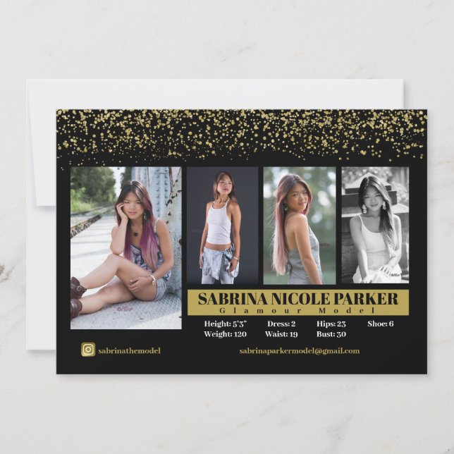 Black and Gold Glitter Photo Comp Card (Front)