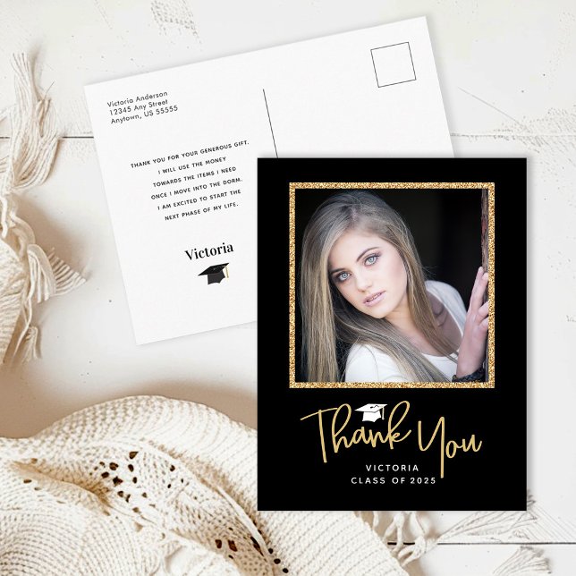 Black and Gold Glitter Photo Graduation Thank You Postcard (Creator Uploaded)
