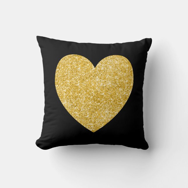 Black and Gold Glitter Photo Heart Cushion (Front)
