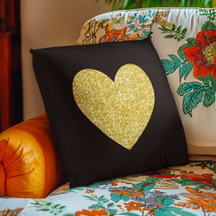 Black and Gold Glitter Photo Heart Cushion