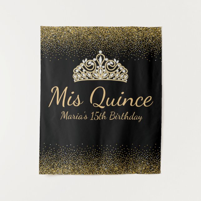 Black and Gold Glitter Quinceanera Tapestry (Front)