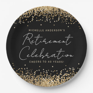 Black and Gold Glitter Retirement Paper Plates