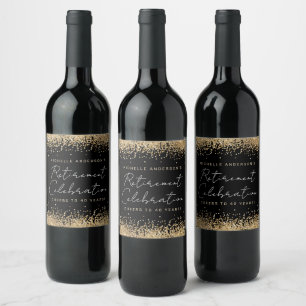 Black and Gold Glitter Retirement Wine Labels