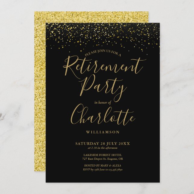 Black And Gold Glitter Script Retirement Party Invitation (Front/Back)