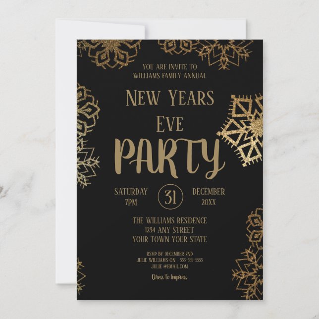 Black and Gold Glitter Snowflake | New Years Eve Invitation (Front)