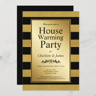 Black and Gold Glitter Striped Housewarming Party Invitation