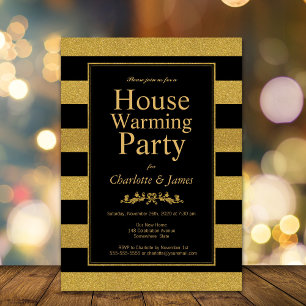 Black and Gold Glitter Striped Housewarming Party Invitation