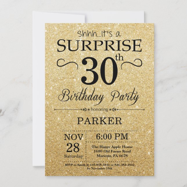 Black and Gold Glitter Surprise 30th Birthday Invitation (Front)